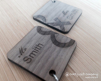 Personalised Mr & Mrs Wedding Engraved Keyring Set Gift Present Solid walnut