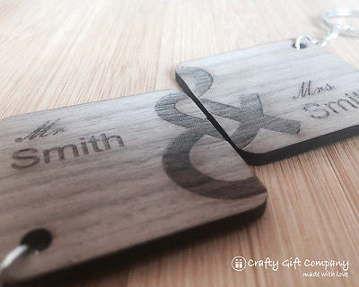 Personalised Mr & Mrs Wedding Engraved Keyring Set Gift Present Solid walnut