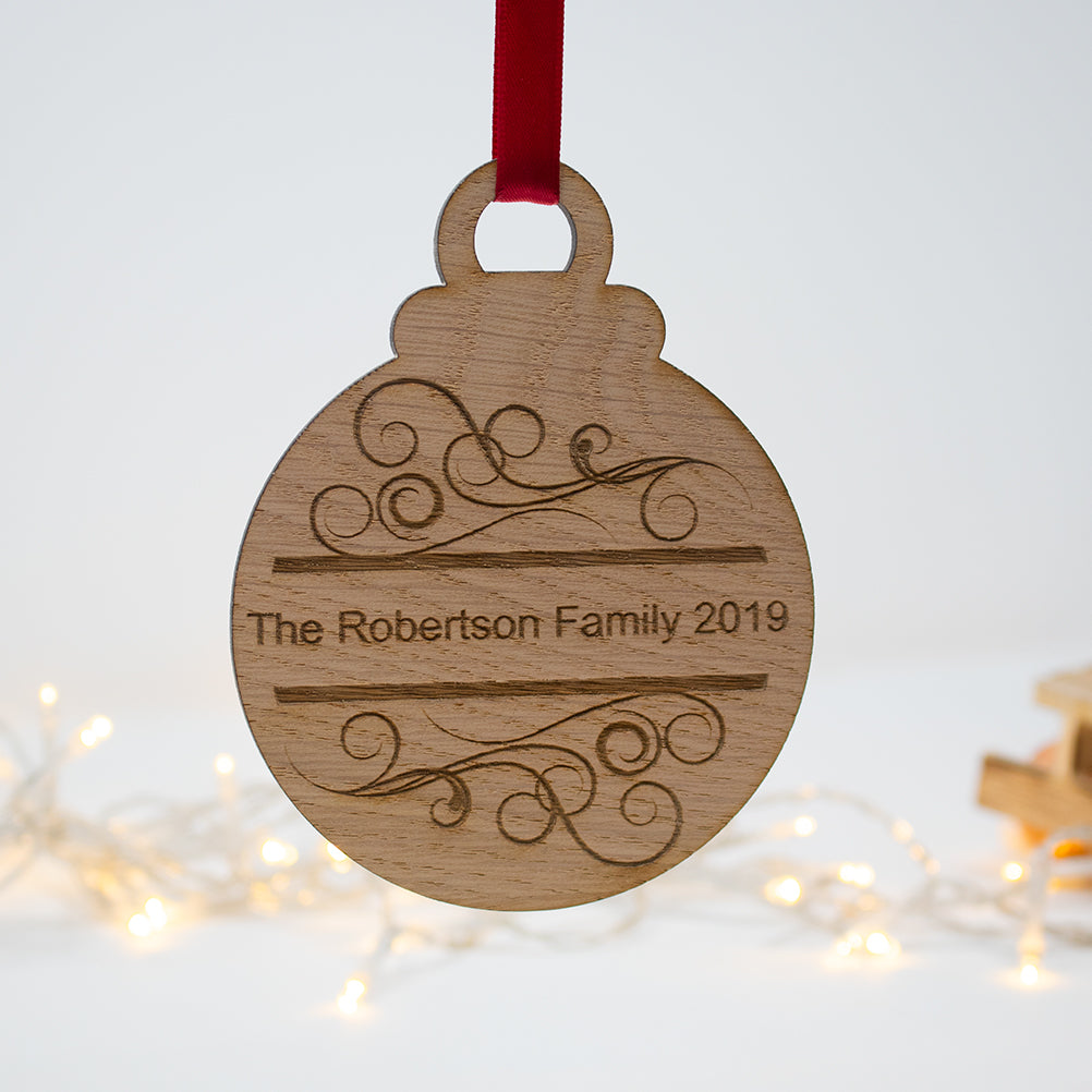 Family Name Christmas tree Bauble oak