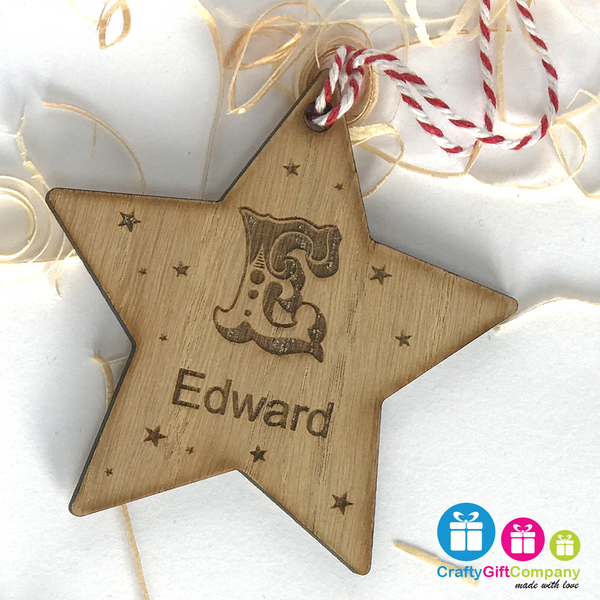 Personalised Bauble - Letter and name star tree decoration ornament Oak Wood