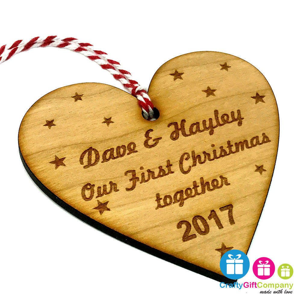 Personalised Our First Christmas Together Heart Xmas Tree Bauble - Cherry Wood