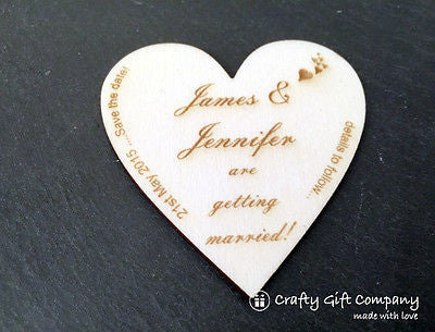 Personalised Save the Date hearts wedding wood