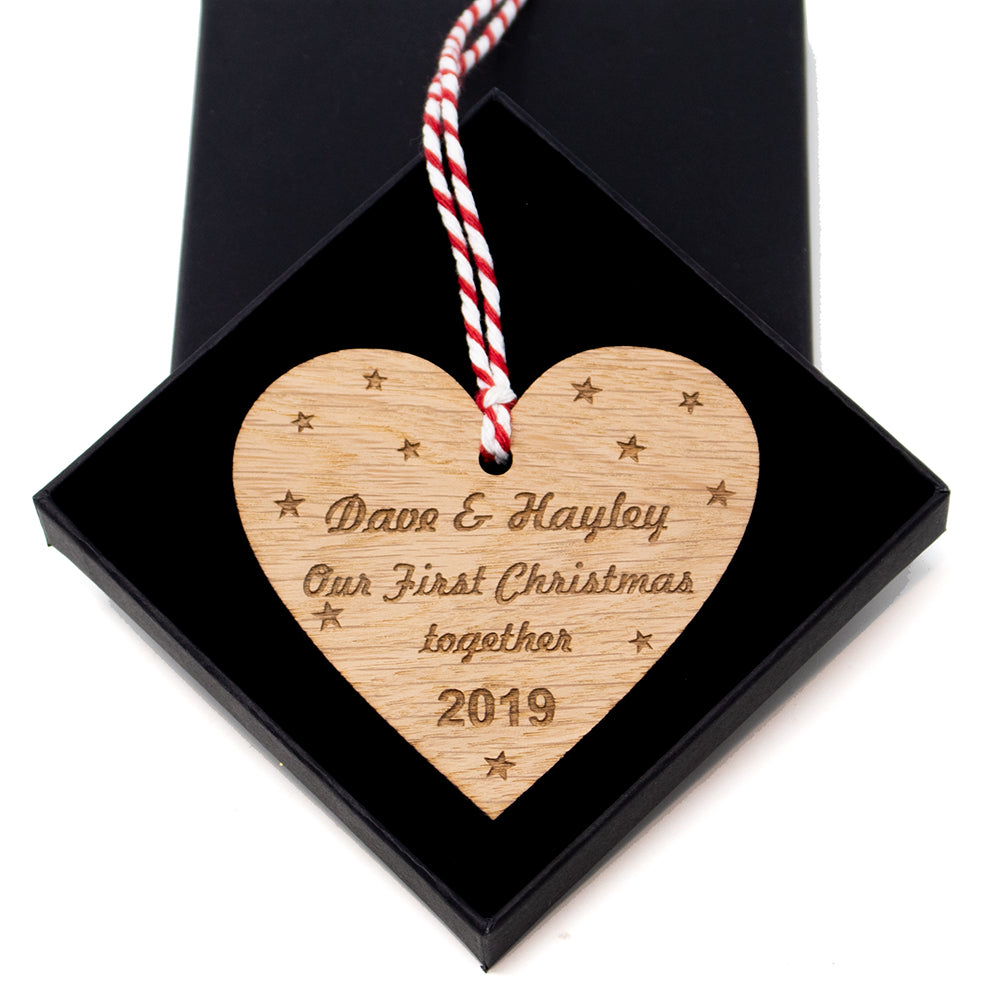 Personalised First Christmas Together Heart Xmas Tree Bauble - Oak Wood