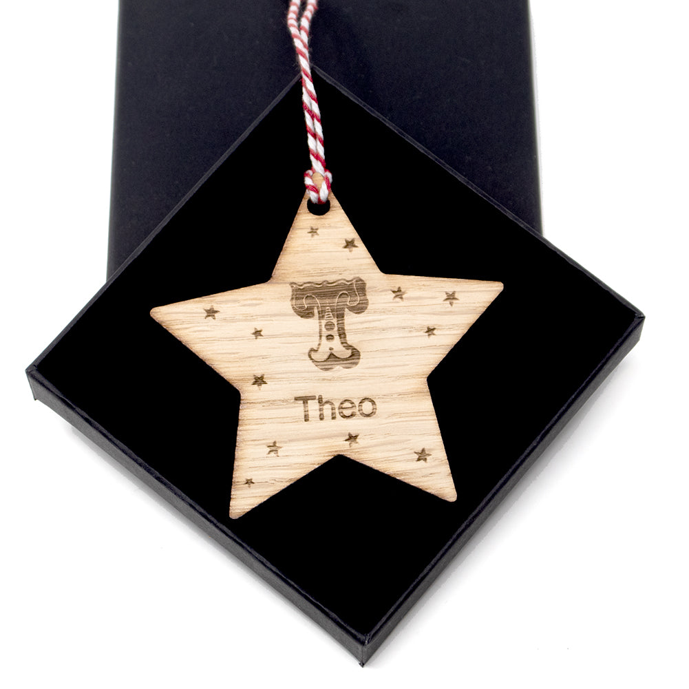 Personalised Bauble - Letter and name star tree decoration ornament Oak Wood