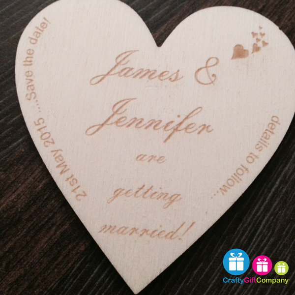 Personalised Save the Date hearts wedding wood
