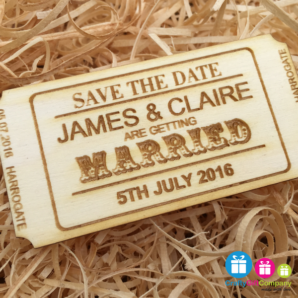Personalised Save the Date ticket wedding wood vintage